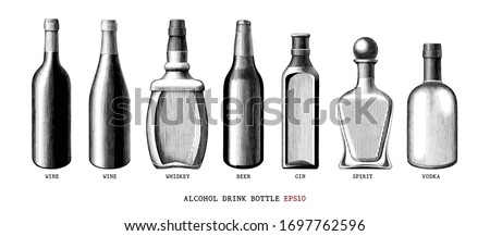 Alcohol drink bottle collection hand draw vintage style black and white clipart isolated on white background