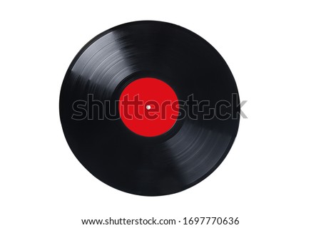 old vinyl record with red blank label isolated on white background