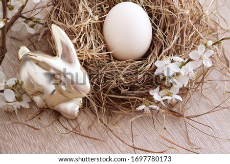 Photo of egg in nest decorated with blossoms of tree and rabbit