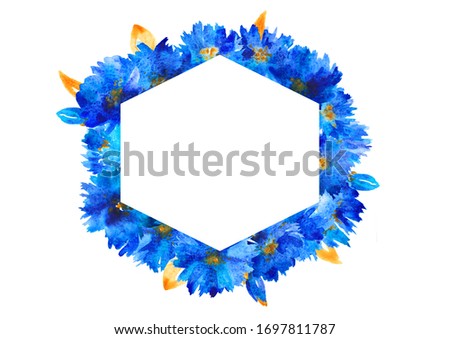 Watercolor blue flowers with hexagon template