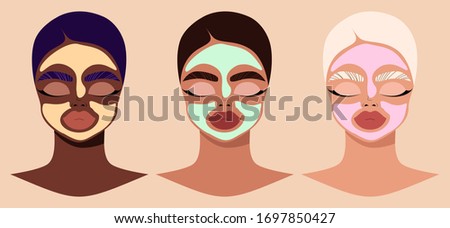 Female faces and beauty cosmetic masks. Women wearing cosmetic masks. Modern hand-drawn vector illustration of female characters applying facial clay masks. Beauty and skin care product concept.