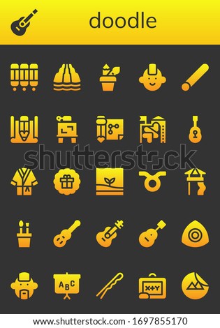 Modern Simple Set of doodle Vector filled Icons. Contains such as Room divider, Guitar, Slide, Pencil case, Punk, Chalk, Sketch and more Fully Editable and Pixel Perfect icons.