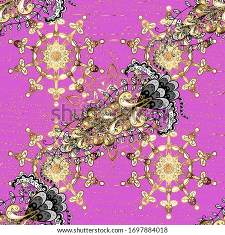 Openwork delicate golden pattern. Brilliant lace, stylized flowers, paisley. Golden texture curls. Vector. Pattern on violet and beige colors with golden elements. Oriental style arabesques.