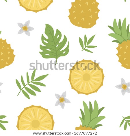 Vector pineapple seamless pattern. Jungle fruit repeat background. Hand drawn flat exotic texture. Bright childish healthy tropical summer food digital paper