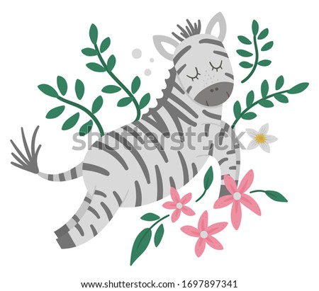 Vector cute composition with zebra, tropical leaves and flowers. Funny exotic African animal illustration. Bright flat picture for children. Jungle summer clip art