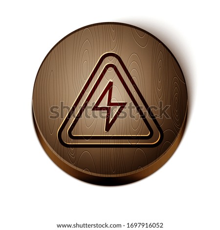 Brown line High voltage sign icon isolated on white background. Danger symbol. Arrow in triangle. Warning icon. Wooden circle button. Vector Illustration