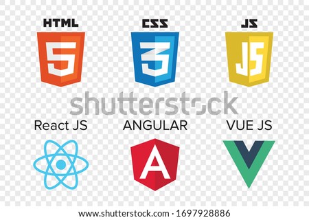 vector collection of web development shield signs: html5, css3, javascript, react js, angular and vue js. Royalty-Free Stock Photo #1697928886