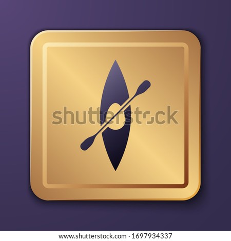 Purple Kayak and paddle icon isolated on purple background. Kayak and canoe for fishing and tourism. Outdoor activities. Gold square button. Vector Illustration