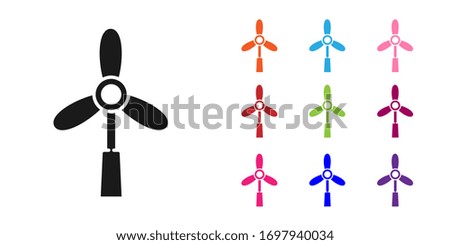 Black Wind turbine icon isolated on white background. Wind generator sign. Windmill for electric power production. Set icons colorful. Vector Illustration