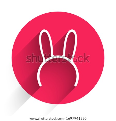 White Mask with long bunny ears icon isolated with long shadow. Red circle button. Vector Illustration