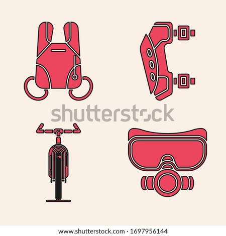 Set Diving mask, Parachute, Knee pads and Bicycle icon. Vector