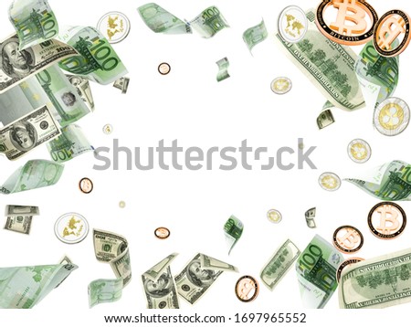 Money falling background. American, Euro Banknote cash. Bitcoin Cryptocurrency isolated on white