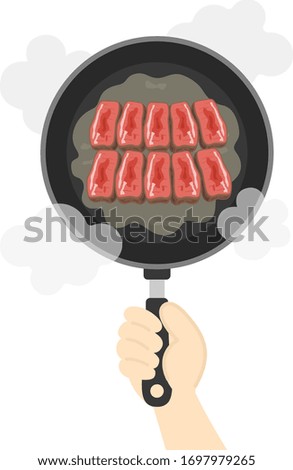 Illustration of cooking steak meat in a frying pan.