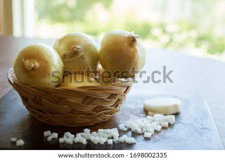 Onion harvested and chopped for food preparation