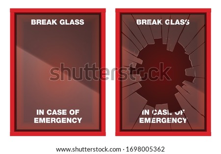 A vector illustration of an empty red emergency box with an in case of emergency breakable glass on the front - fixed and broken Royalty-Free Stock Photo #1698005362
