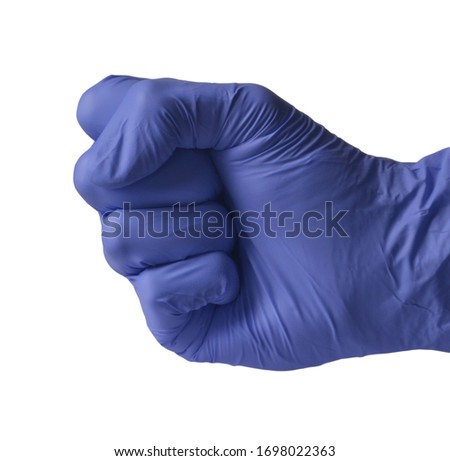 Surgeon glove punch hand sign isolated on white background.