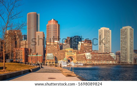 Boston Skyline Financial District Cityscape over Boston Harbor
