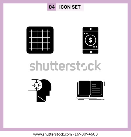 Mobile Interface Solid Glyph Set of 4 Pictograms of gird; head; mobile; mind; book Editable Vector Design Elements
