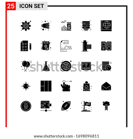 Pack of 25 Modern Solid Glyphs Signs and Symbols for Web Print Media such as research; book; brick; map; lantern Editable Vector Design Elements