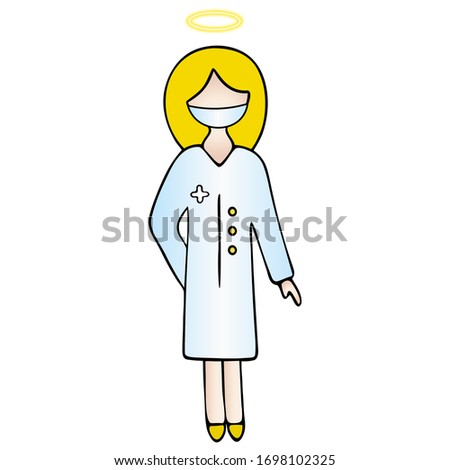 A doctor in a medical mask. A neon halo above his head. Color vector illustration. The medical worker is anonymous. A female nurse in a blue lab coat on an isolated background. Cartoon style.