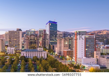 Salt Lake City, Utah, USA downtown financial district cityscape at twilight. Royalty-Free Stock Photo #1698107755