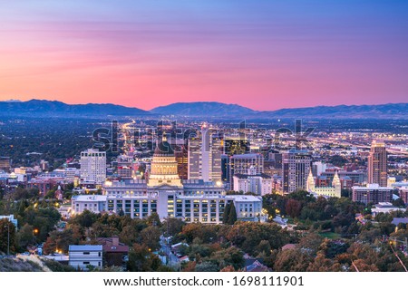 Salt Lake City, Utah, USA downtown city skyline at dusk. Royalty-Free Stock Photo #1698111901