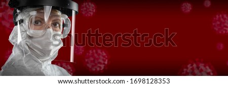 Banner of Female Doctor or Nurse In Medical Face Mask and Protective Gear With Coronavirus Behind. Royalty-Free Stock Photo #1698128353