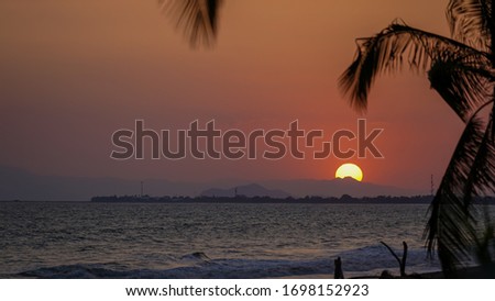 Beautiful sunset on the beach with the silhouette of the palm trees
