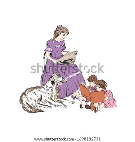 Mothers Day. Woman with her twins children reads books. Baby sitter in kindergarten. Dog guards the hostess's family. Vintage people. Hand drawn clip art. Happy childhood. 