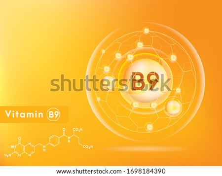 Vitamin and structure. Medicine capsule, Golden substance. 3D Vitamin complex with chemical formula. Personal care and beauty concept. Vector Illustration Royalty-Free Stock Photo #1698184390