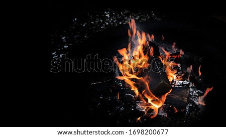 Fire flames with sparks on  coals on black background. Image with copy space