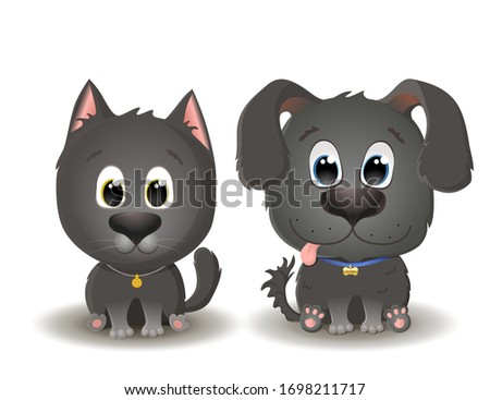 Vector cute black dog and cat with big eyes in cartoon style. Little kitten and Puppy sits and smiles. Flat character illustration isolated on white background