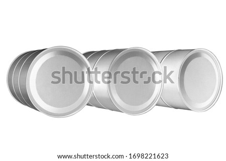 Silver metal barrels on white background isolated close up, three round oil drums, steel keg, tin food can, canister, aluminium cask, petroleum storage packaging, fuel container, canned goods design