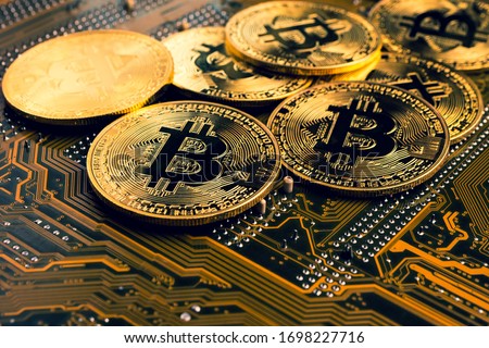 Golden coins with bitcoin symbol on a mainboard. Royalty-Free Stock Photo #1698227716