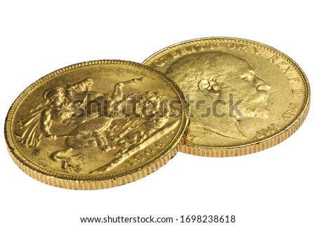 British full Sovereign gold coins (Edward VII) isolated on white background Royalty-Free Stock Photo #1698238618