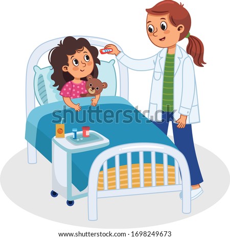 Female nurse using digital thermometer to take the temperature of young girl child in a hospital bed. Isolated Cartoon Illustration. 