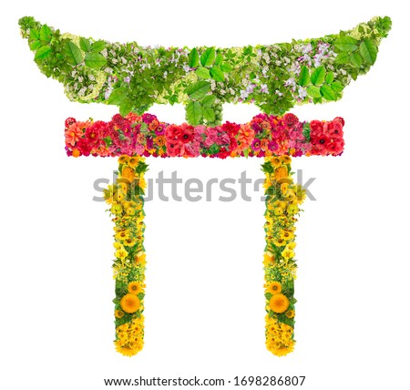 Shinto Torii  traditional Japanese gate most commonly found at the entrance of or within a Shinto shrine, where it symbolically marks the transition from the profane to sacred. Floral isolated collage