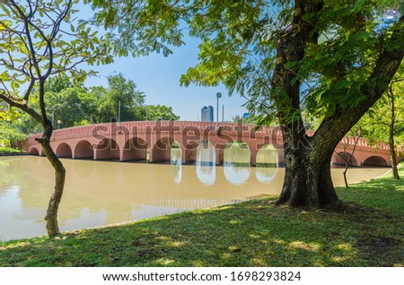 Scenic view of the park in the center of the big city in the summer. Bow bridge in park at spring sunny day with a lagoon in the middle and green trees in Tropical area