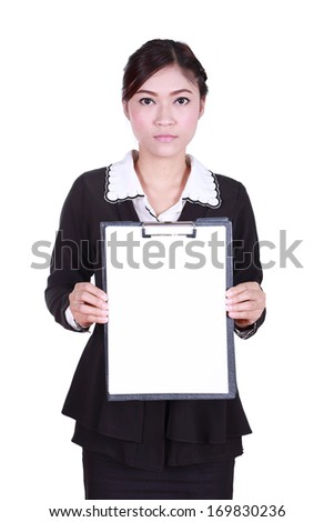 business woman holding a blank clipboard isolated on white background