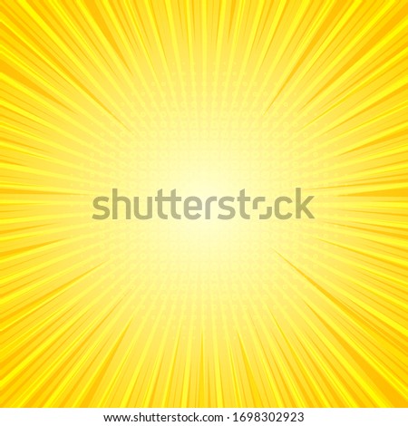 Comic bright sunny background with radial beams and halftone effects. Vector illustration