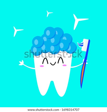 happy white tooth with a hairstyle of bubbles holds a brush in his hand and shines dentistry and hygiene object concept on blue background