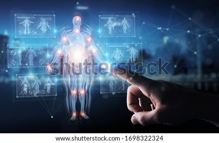 Man hand on blurred background using digital x-ray human body holographic scan projection 3D rendering Royalty-Free Stock Photo #1698322324