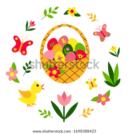 Easter set. Wicker basket with eggs, chicken, butterflies, flowers, plants. Flat design. Isolated elements on a white background. Vector illustration. 