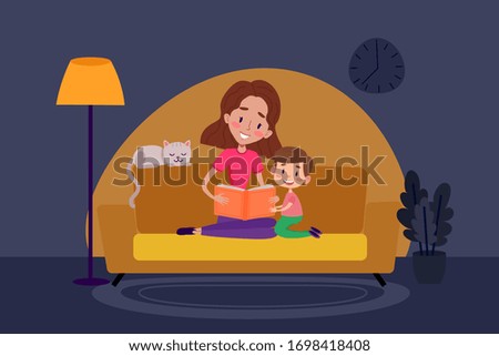 Mother and her child are sitting on sofa and reading book together on quarantine. Stay home colorful vector illustration. Self-isolation at home. Spending evening together