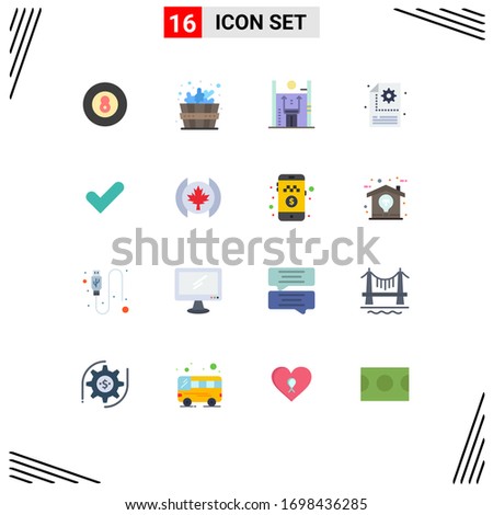 Flat Color Pack of 16 Universal Symbols of ok; setting; growth; gear; creative Editable Pack of Creative Vector Design Elements
