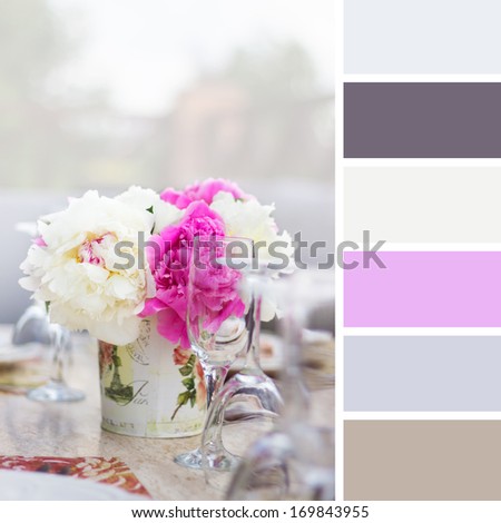Peony in a vase and glasses , colour palette swatches