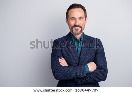 Close-up portrait of his he nice attractive cheerful cheery middle age man in old-fashioned formalwear folded arms professor isolated over light white gray pastel color background Royalty-Free Stock Photo #1698449989