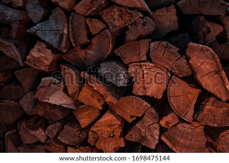 Close-up photo of firewood stacked into a neat pile. Firewood stacked ready for use in a fireplace in winter.