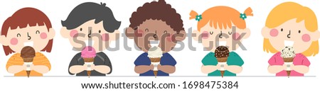 Illustration of Kids Holding a Cone and Eating Ice Cream of Different Flavors