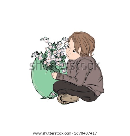 Boy sitting with easter egg and lilies of the valley. Dreaming child. Spring religious holiday composition for retro style greeting card. Hand drawn clip art.  